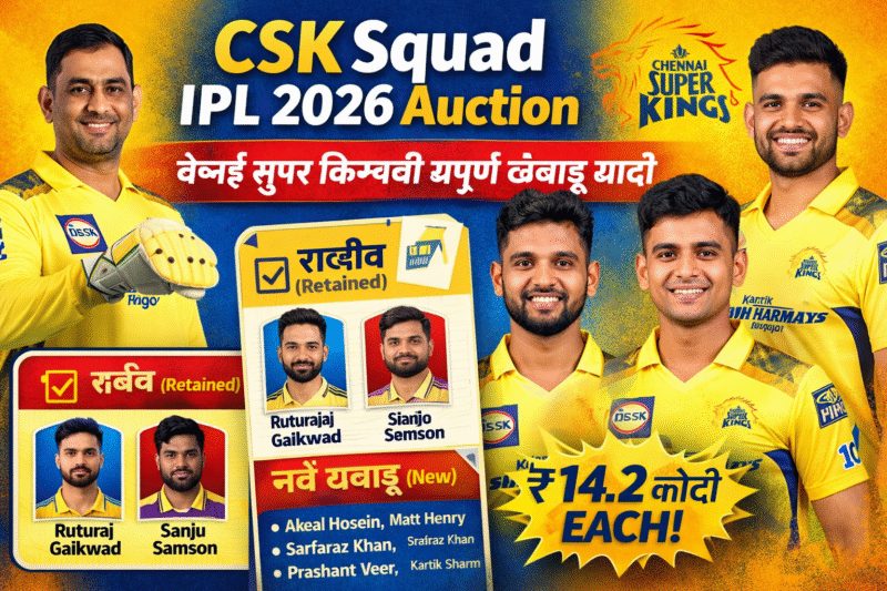 CSK Squad IPL 2026 Auction : चेन्नई सुपर किंग्सची संपूर्ण खेळाडू यादी अपडेट